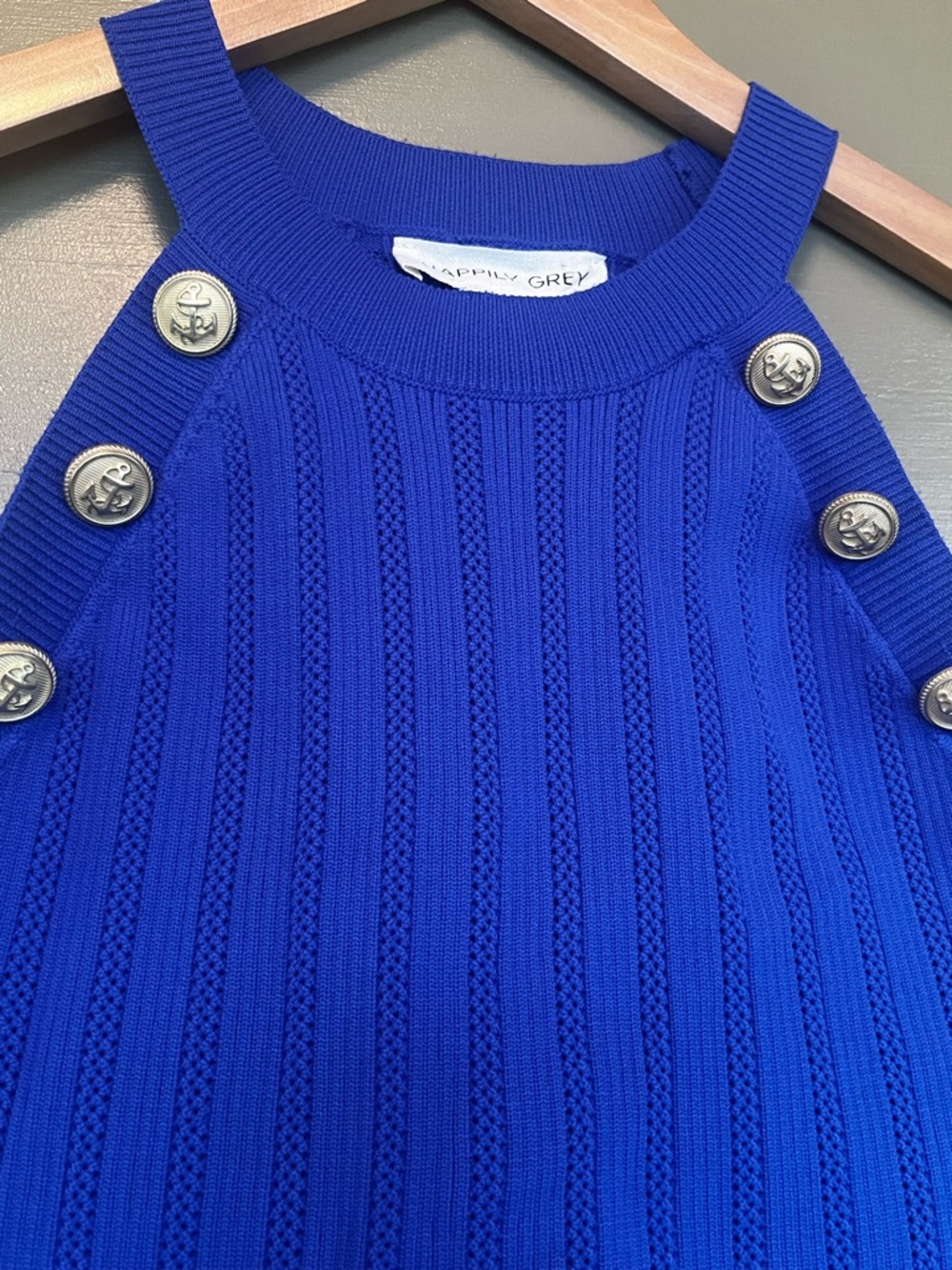 Happily Grey High-neck Sleeveless Ribbed Stretch Nautical Accent Button Crop Top - Picture 4 of 9